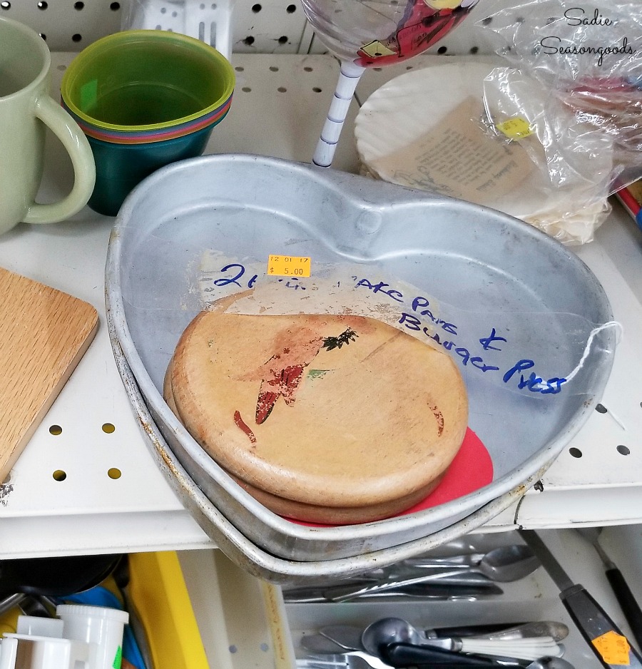 Heart shape cake pans at thrift store for upcycling into heart decorations