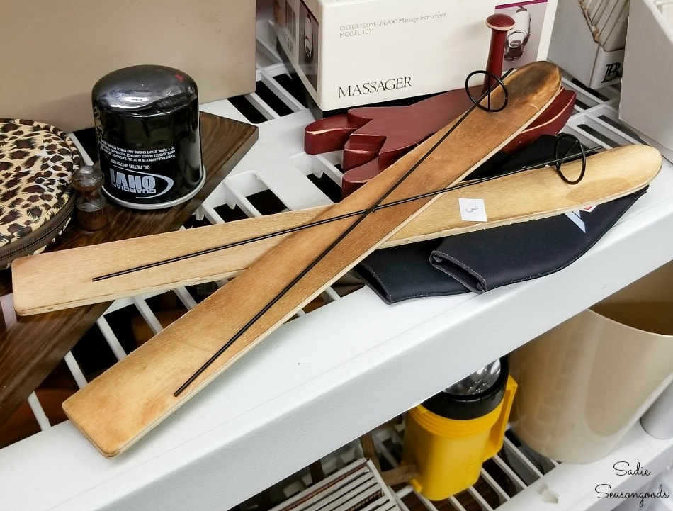 Wooden skis ornament at a thrift store