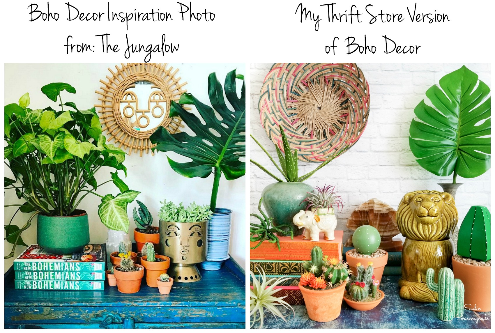 Boho Decor by The Jungalow and a version with thrift store decor
