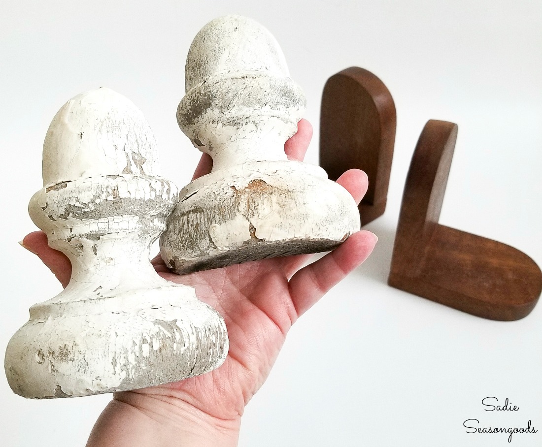 Decorating the wood bookends with architectural salvage