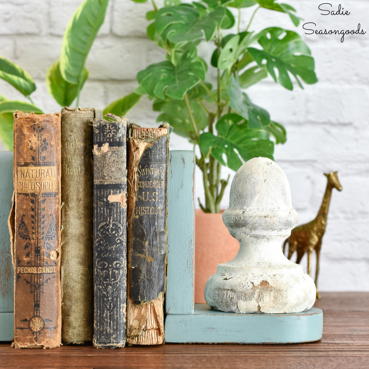 Vintage Farmhouse Decor with Wood Bookends and Architectural Antiques