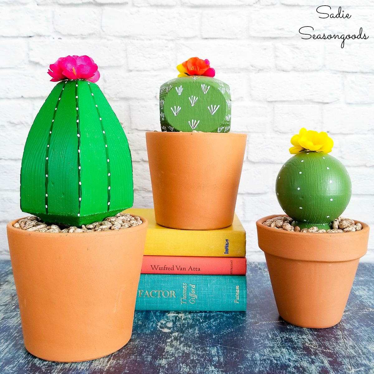 Cactus decor with a Boho vibe by upcycling the post caps into Boho plants