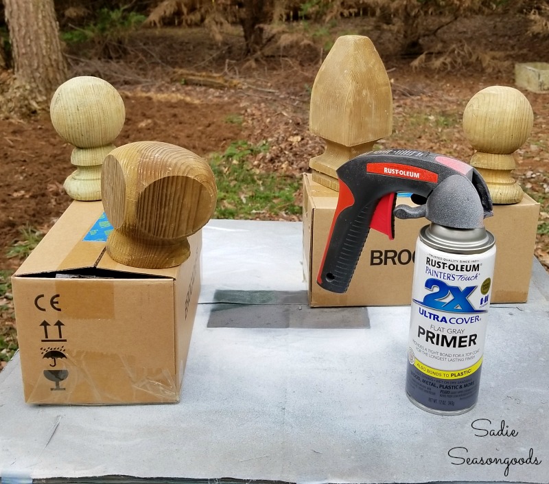 Spray primer on the post caps and wood finials before painting