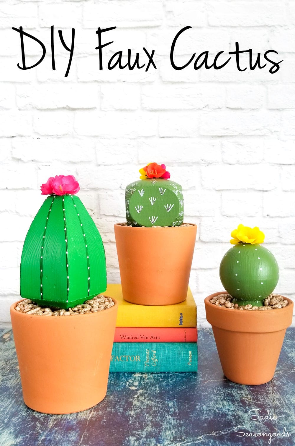 Upcycling wooden post caps as DIY cactus decor