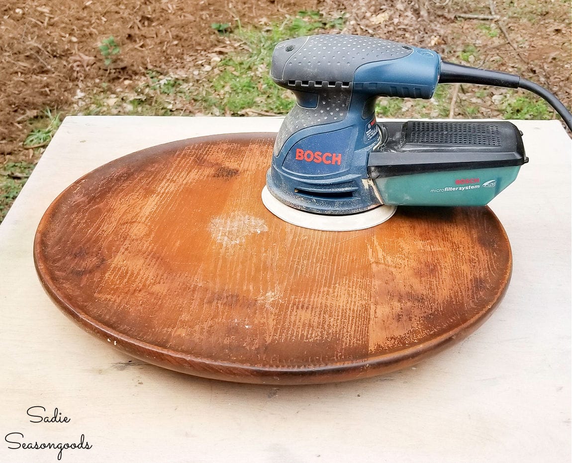 sanding a wooden lazy susan