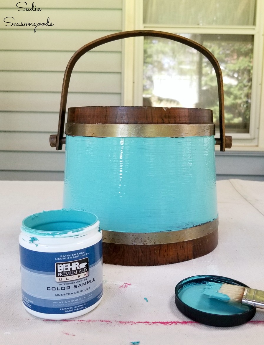 Aqua paint on a vintage ice bucket for upcycling into vintage farmhouse decor