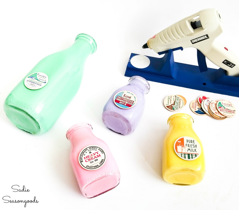 Milk tops on the vintage glass milk bottles as Spring decor ideas for the home