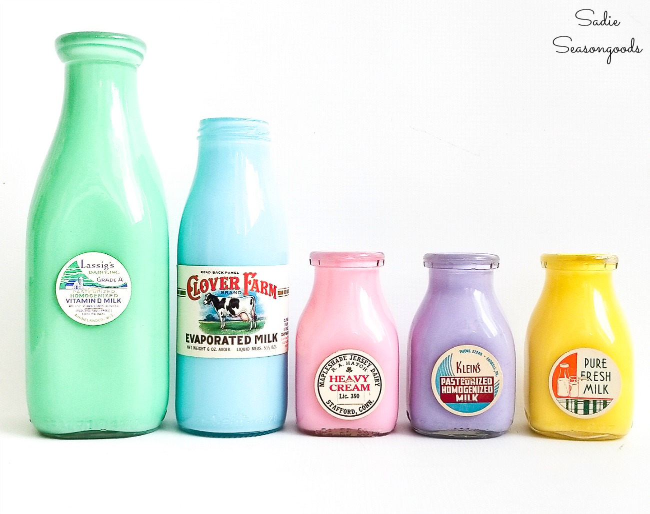 Milk tops on vintage milk bottles to use as flower vase ideas for Spring decor