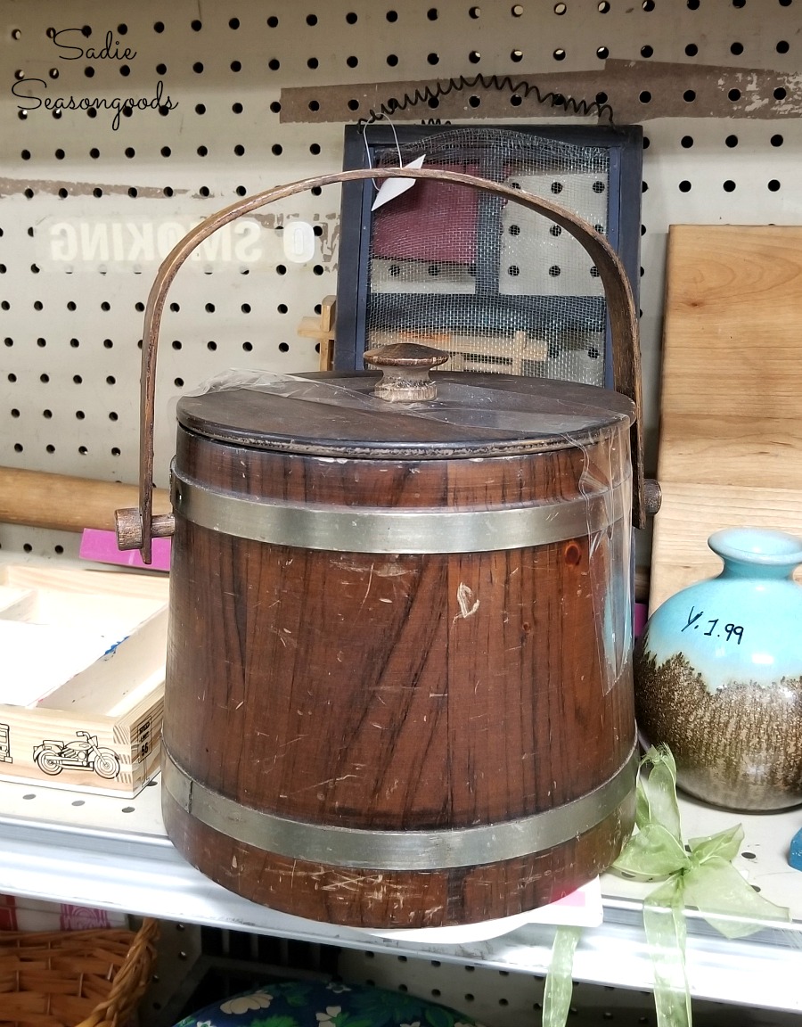 Vintage ice bucket at thrift store for upcycling into a flower bucket
