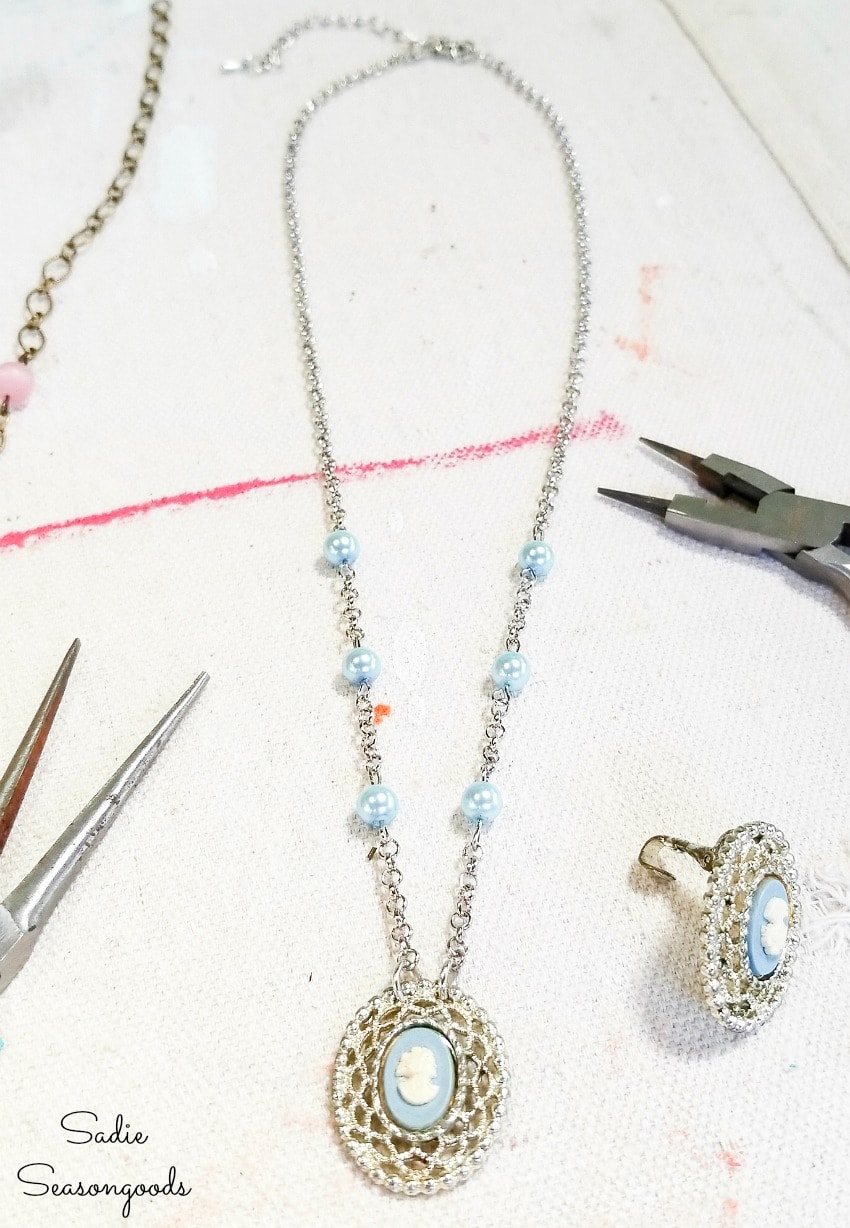 Converting vintage earrings into a mother and daughter necklace set