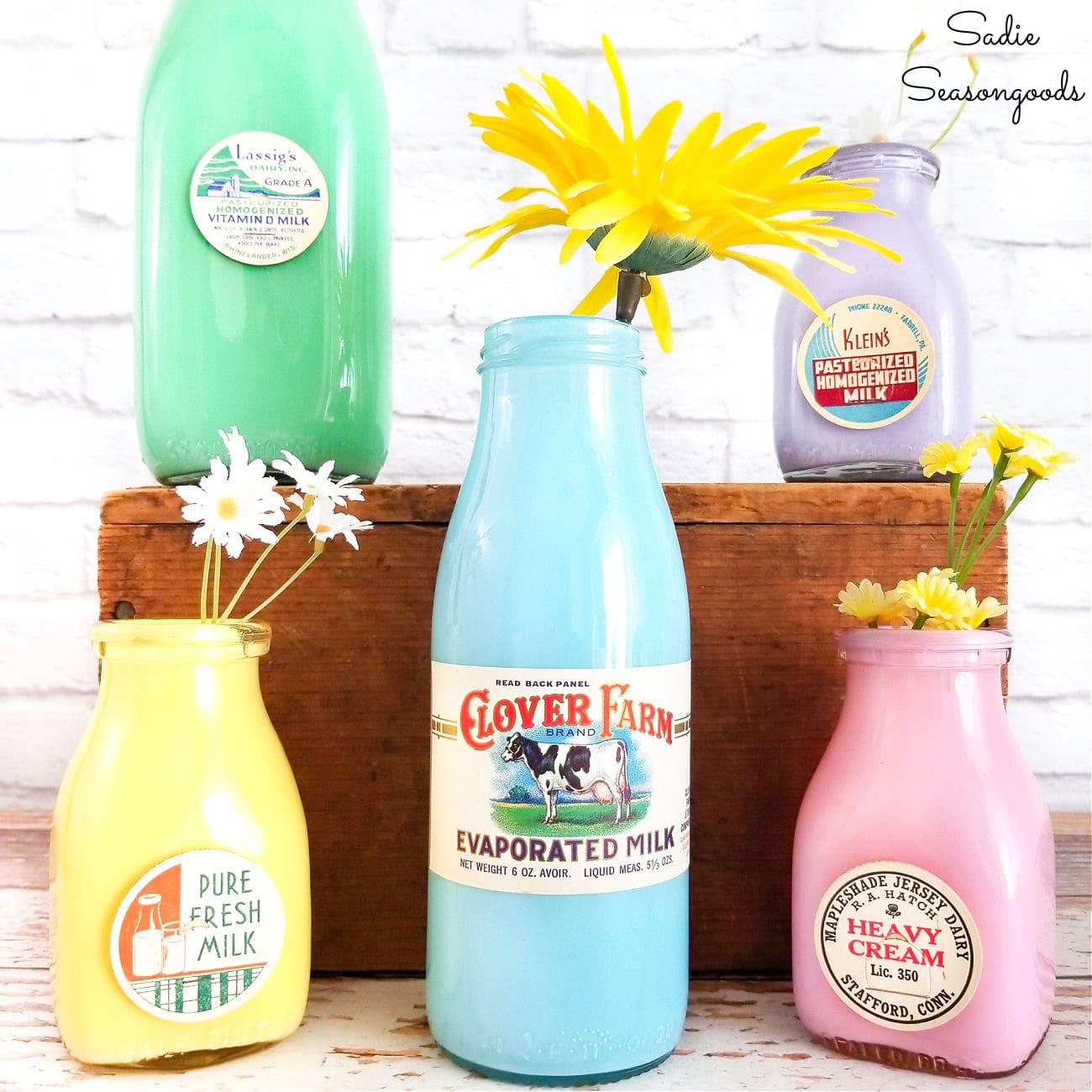 Spring decor with old milk bottles