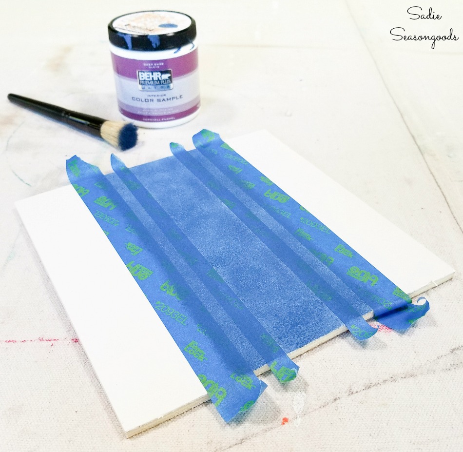 Stenciling stripes on wood to look like grain sack fabric