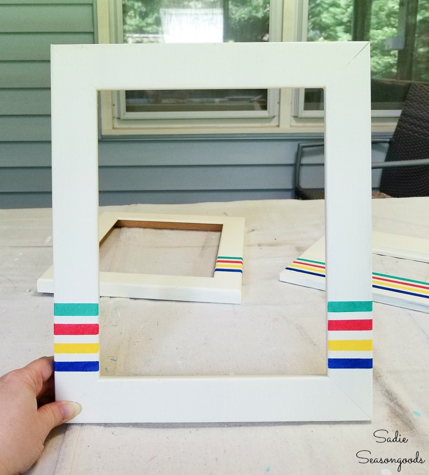 Upcycling a picture frame with Hudson Bay Stripes for camping decor