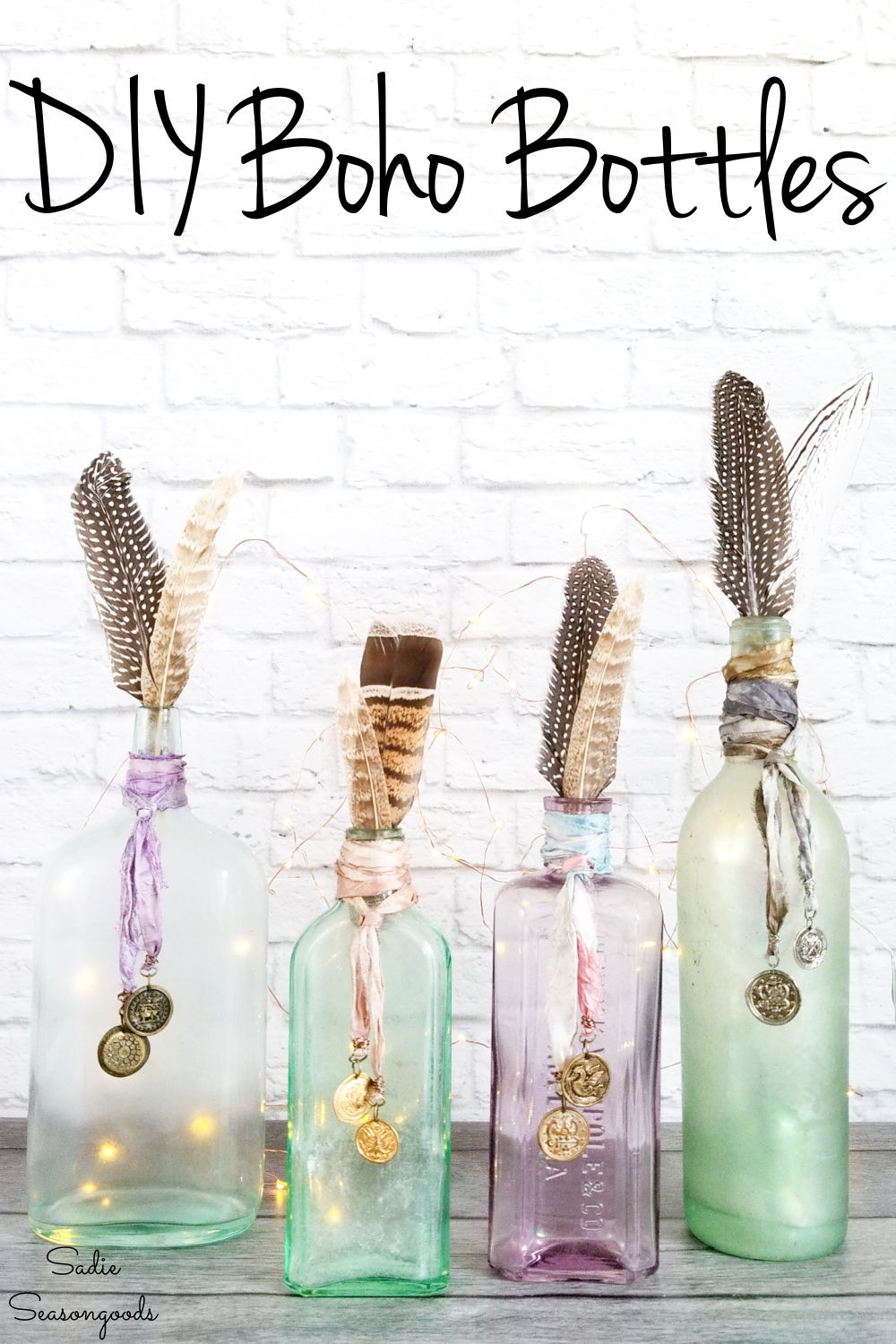 diy boho decor with bottle charms and sari silk ribbon