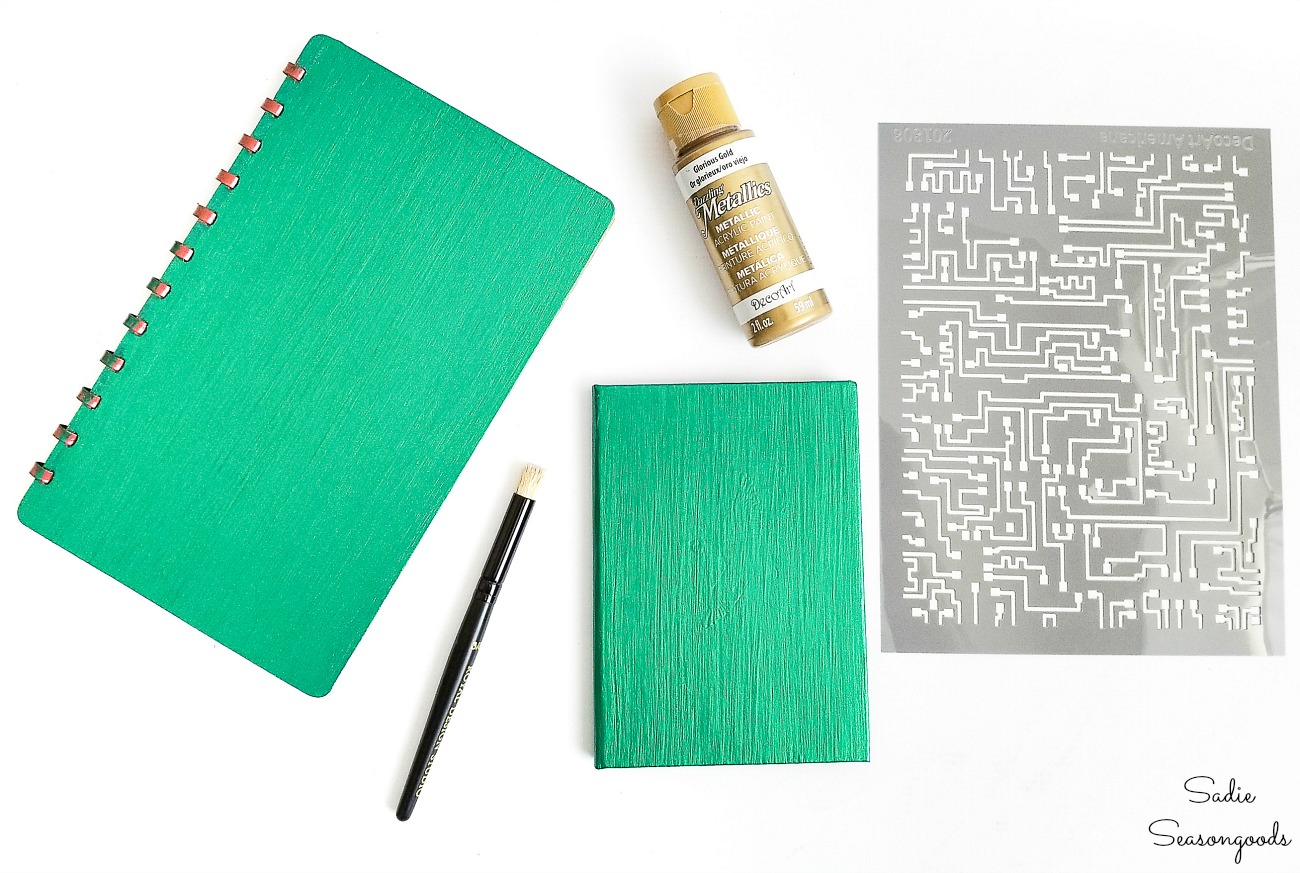 Upcycling a small address book into a password notebook with green metallic paint