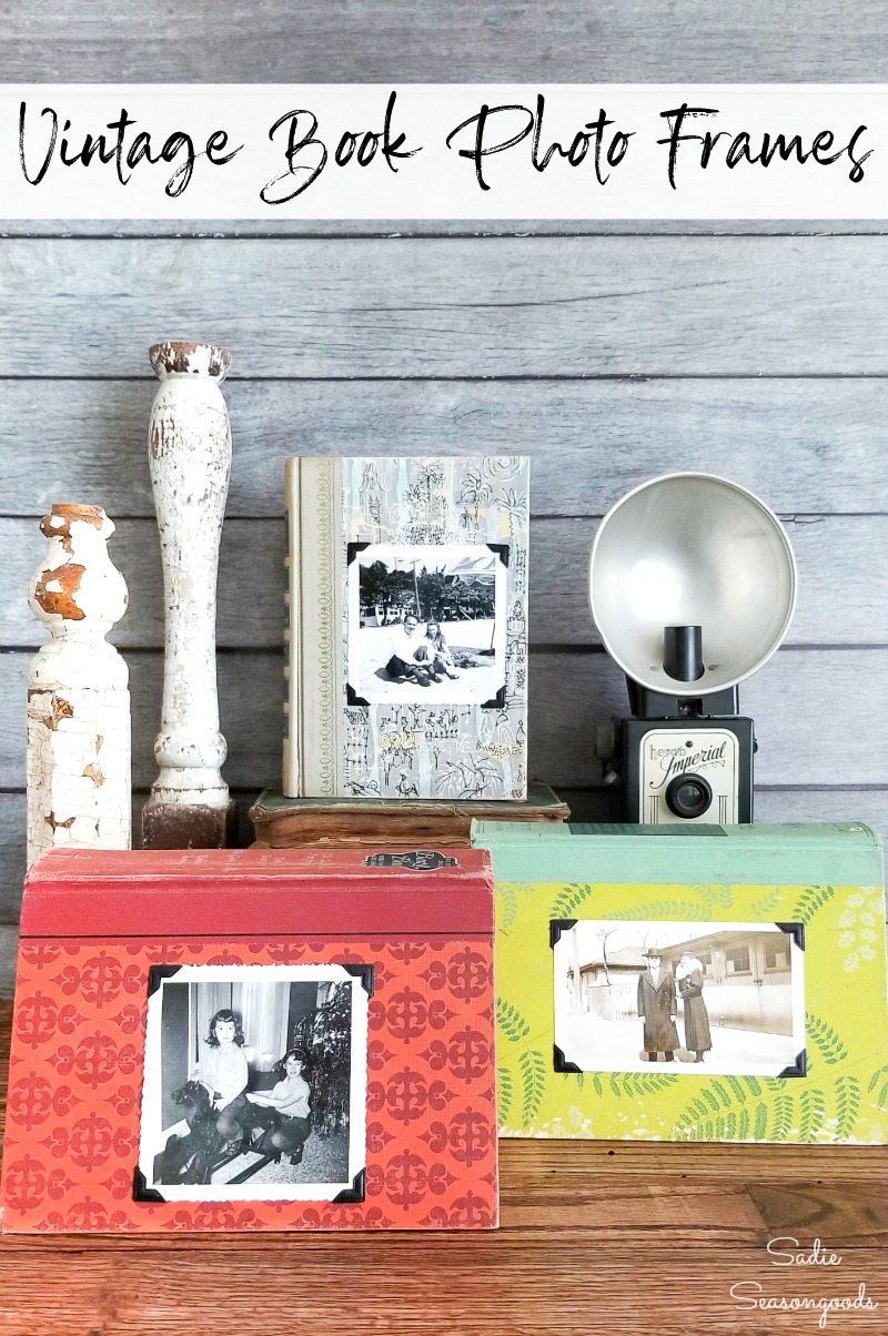 Vintage books for decoration and upcycled into photo frames