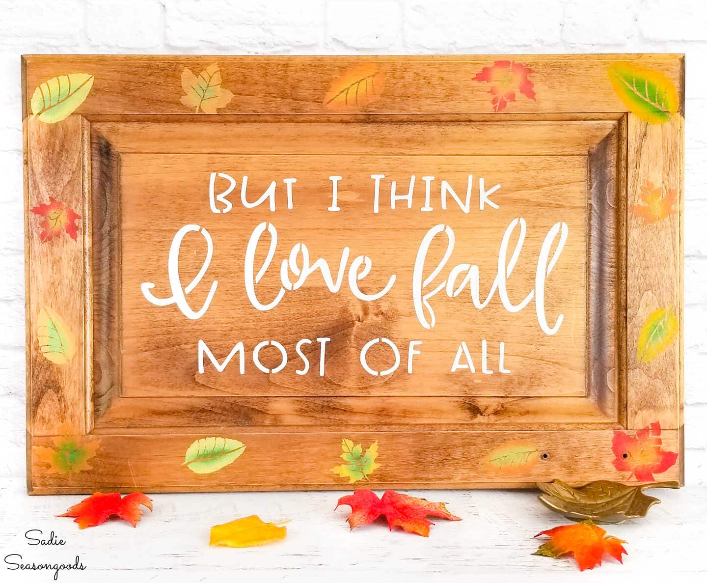 autumn sign with fall leaves decor