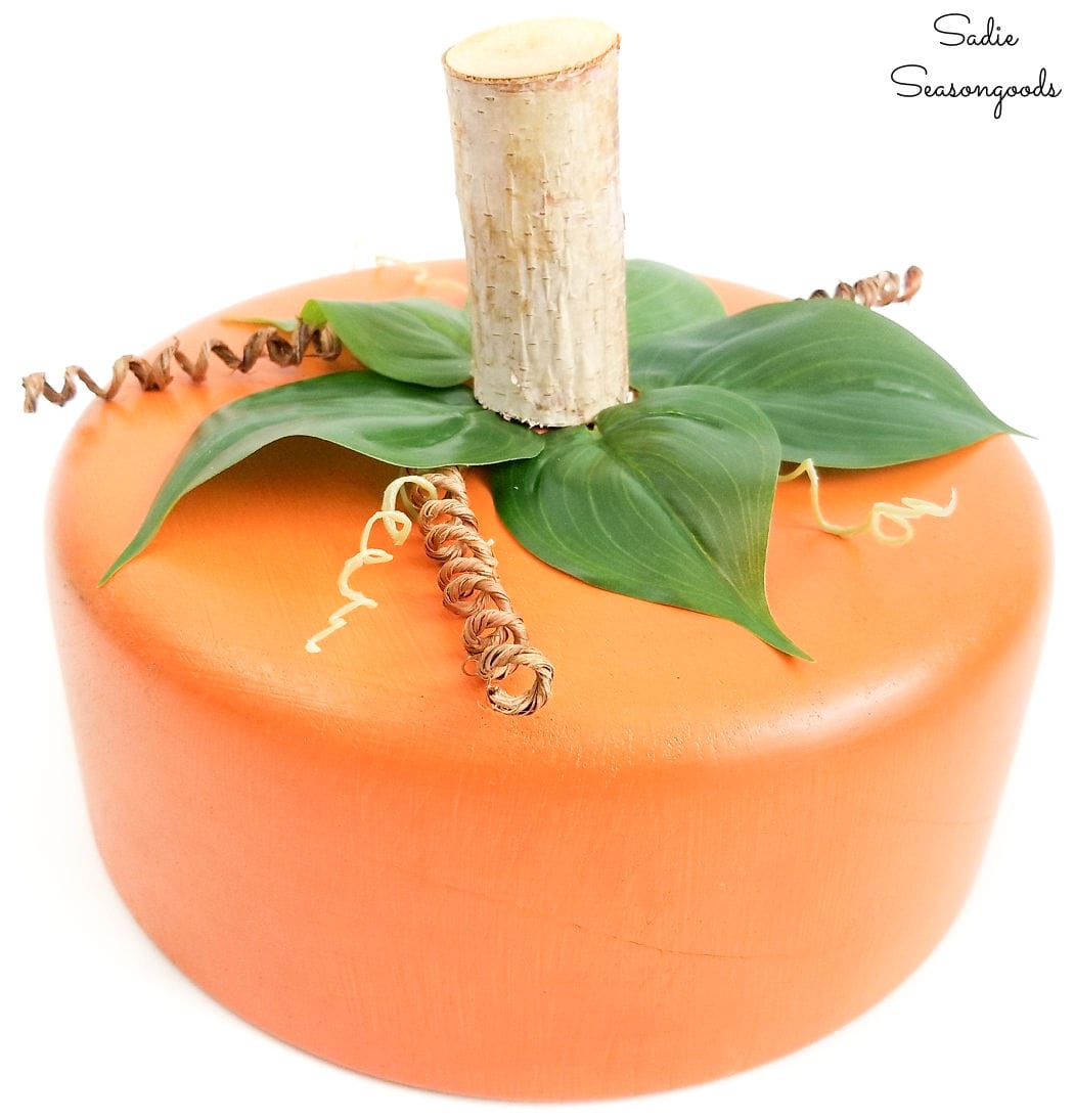pumpkin centerpiece from a large wooden bowl