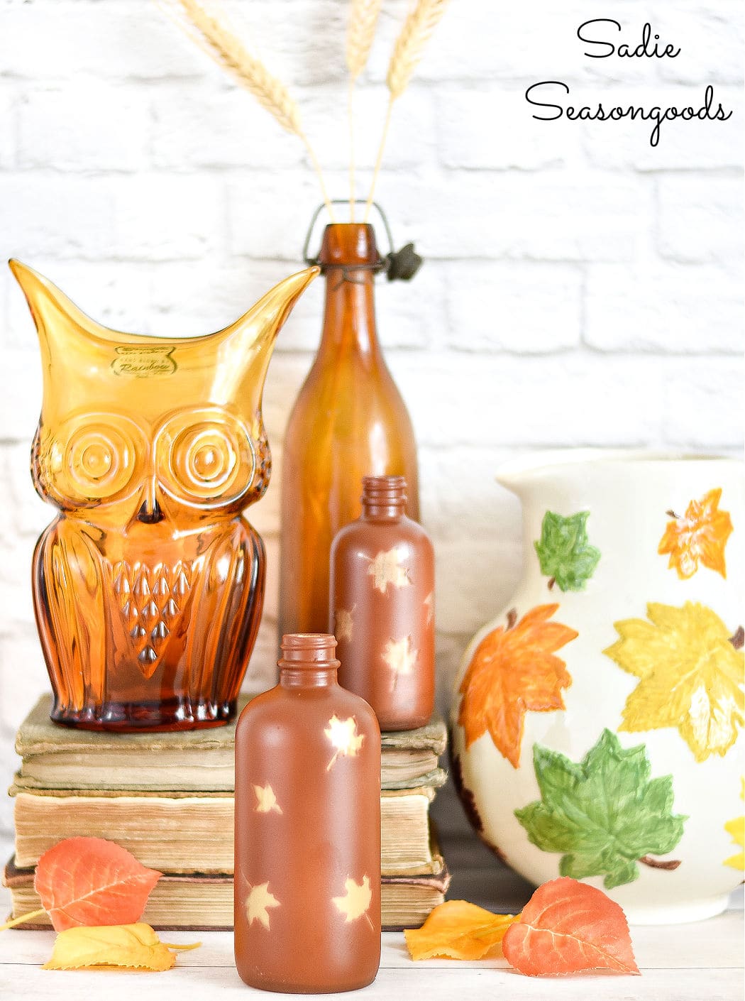 Decorating for Fall with Amber Glass Bottles with a Two-Tone Twist!