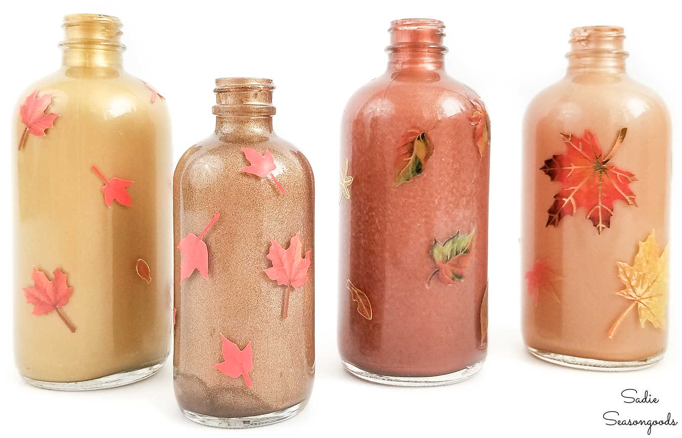 Decorating for Fall with Amber Glass Bottles with a Two-Tone Twist!