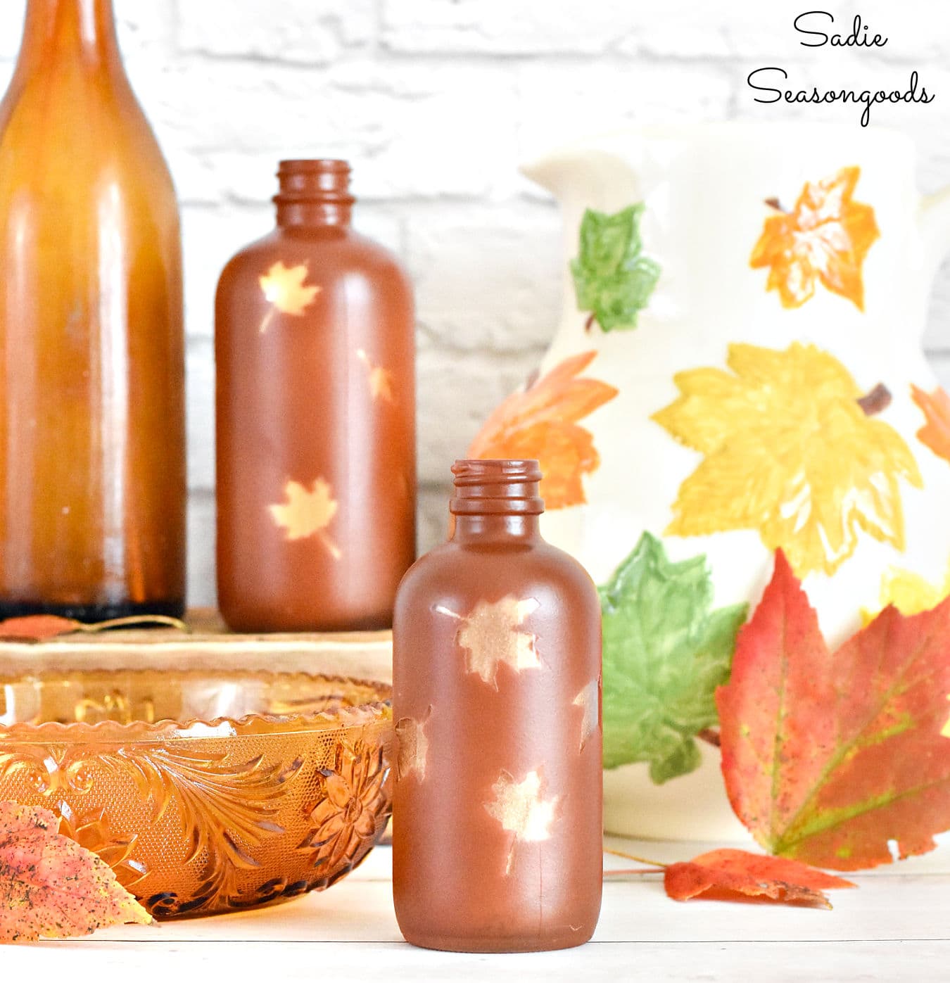 Decorating for Fall with Amber Glass Bottles with a Two-Tone Twist!