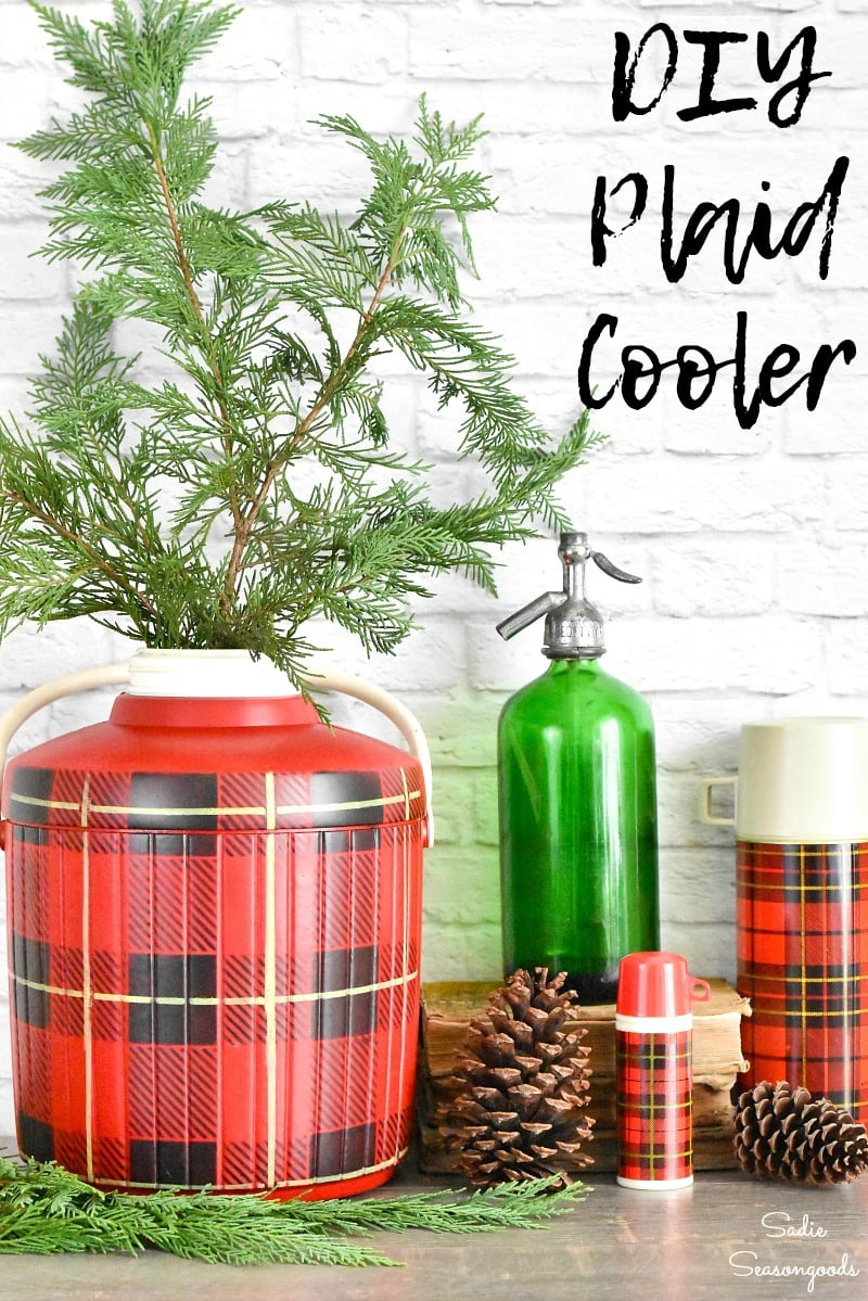 Repurposing a red cooler into plaid Christmas decor with stencils