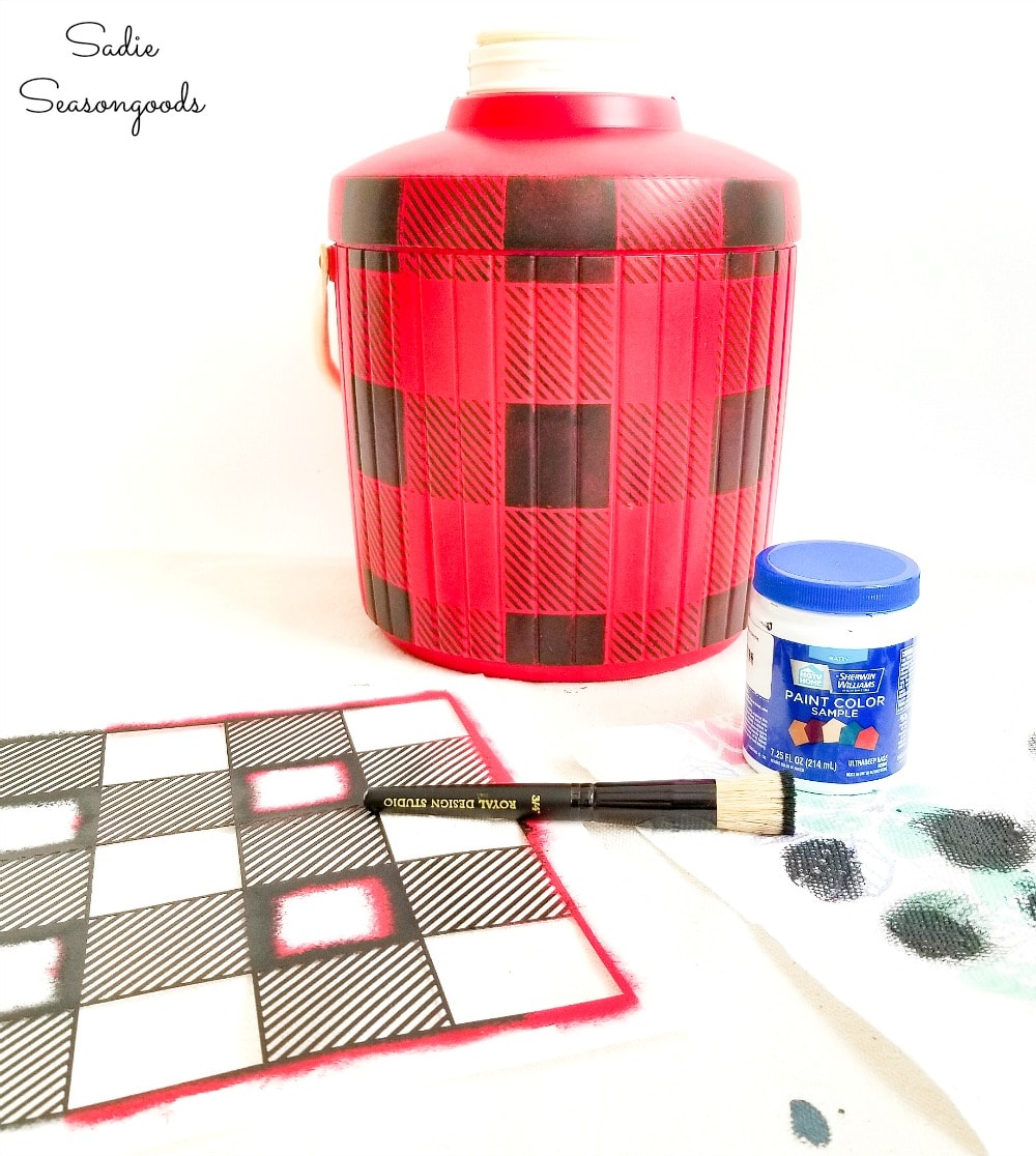 Upcycling a cooler as plaid Christmas decor