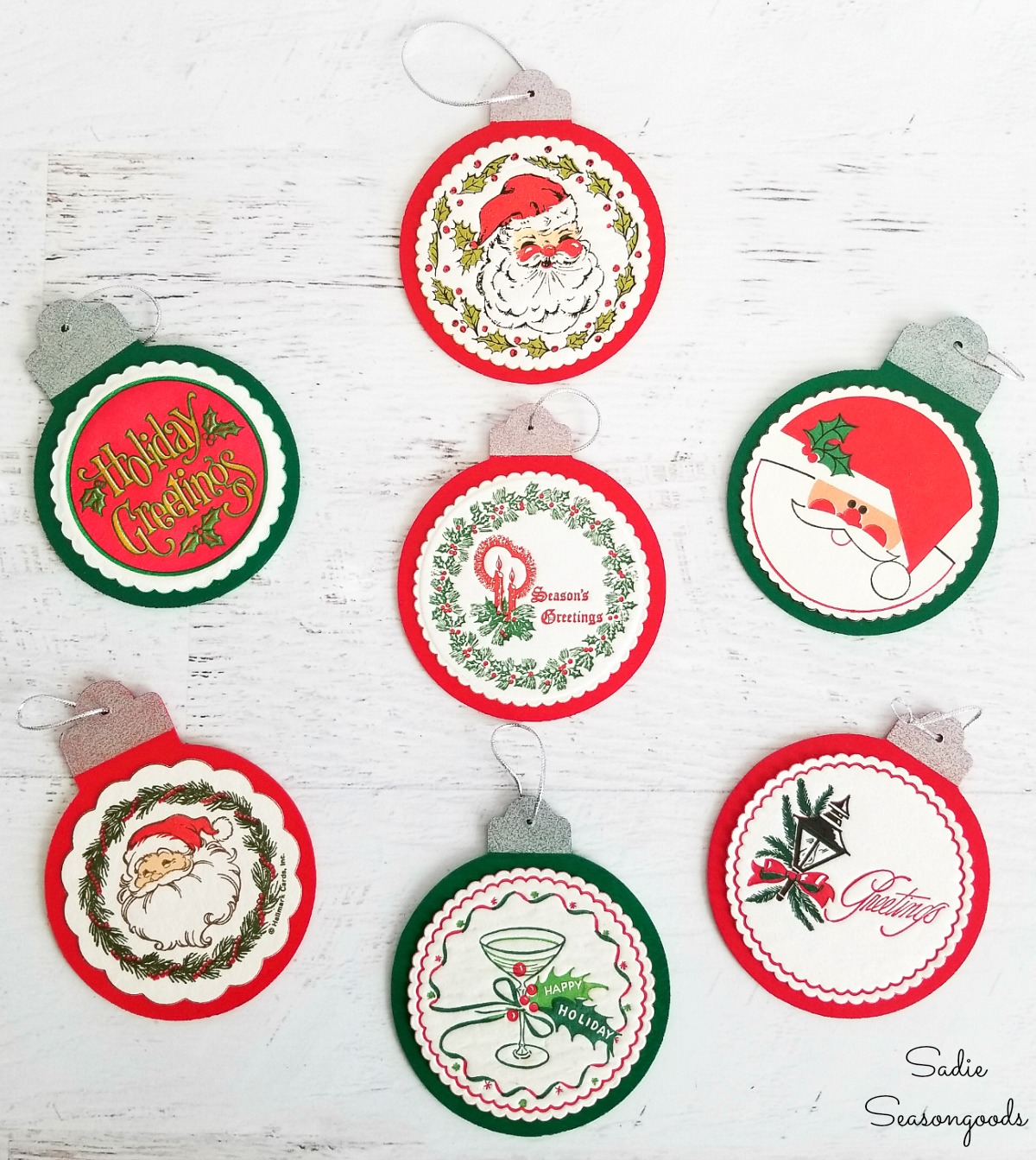 Retro Christmas Ornaments with paper coasters that have been decoupaged on wood cutouts