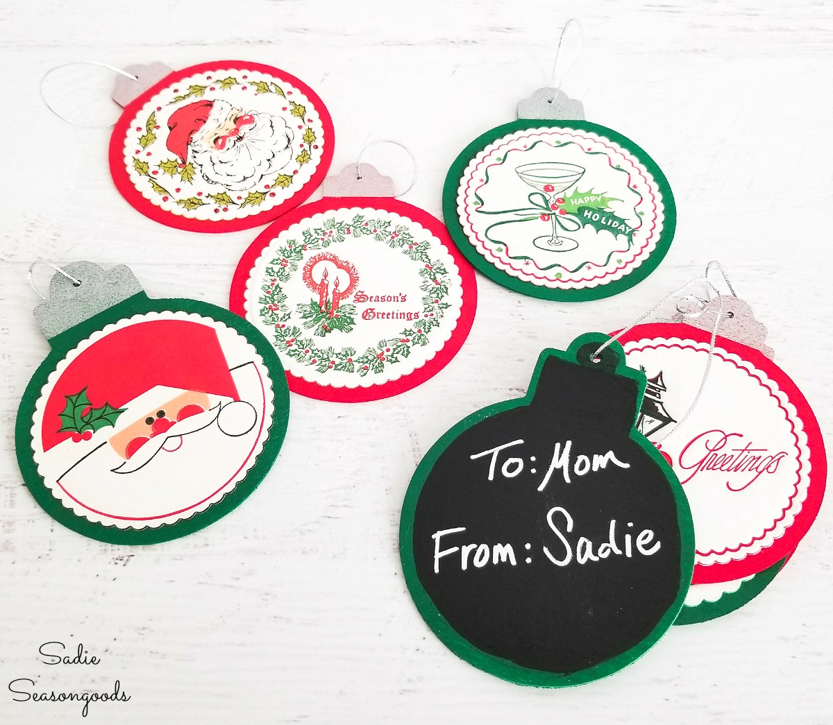 Wood ornaments as gift tags or chalkboard label or retro Christmas ornaments