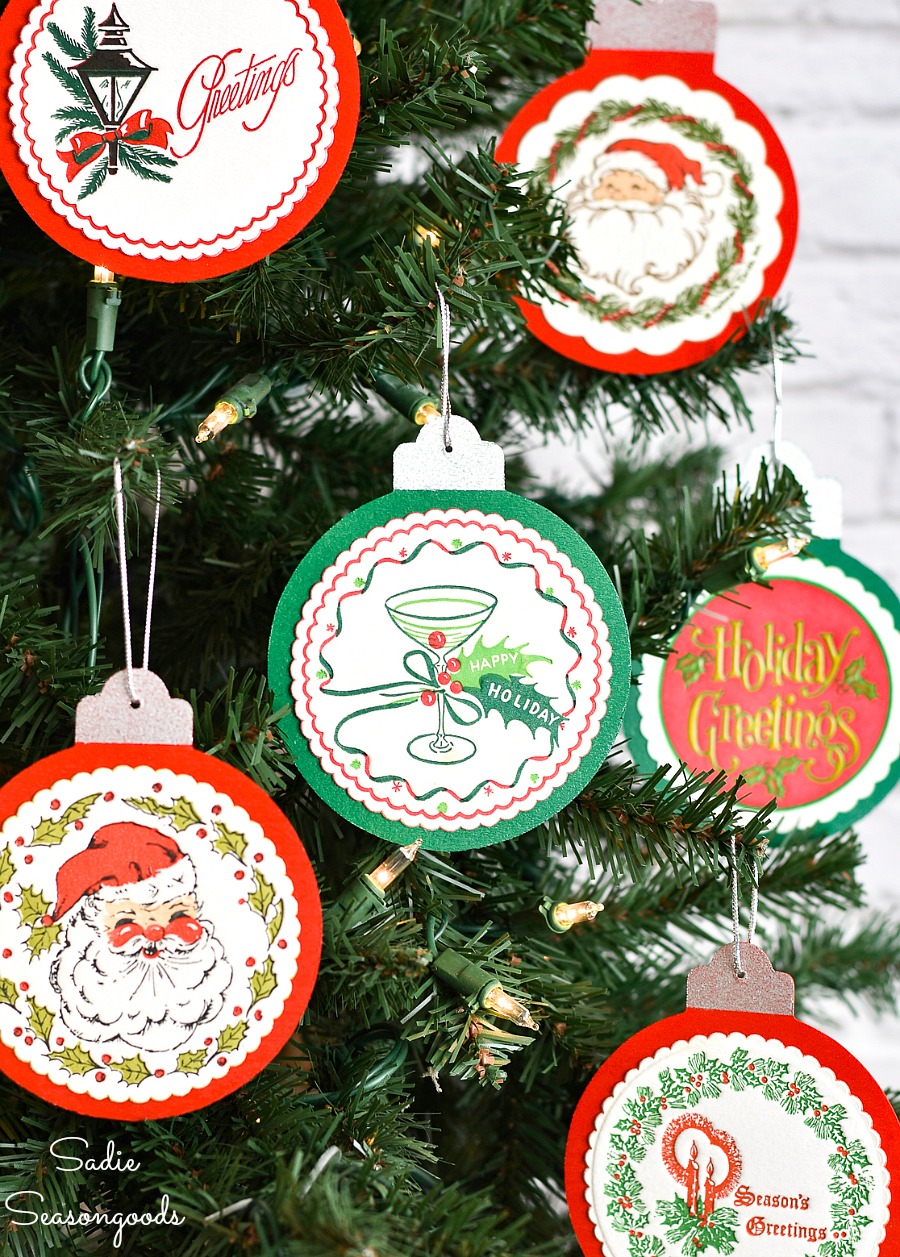 Wooden ornaments with paper coasters on wood cutouts with decoupage glue