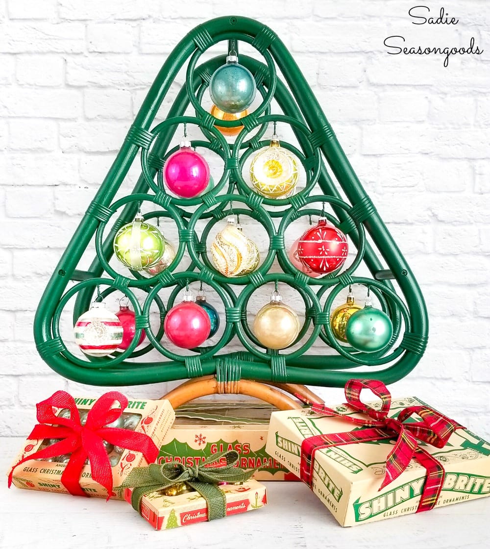 Boho Christmas tree and decor from a bamboo wine rack