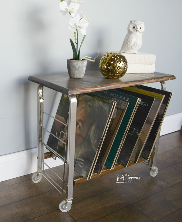 Record table cart from thrift store that has been cleaned and transformed