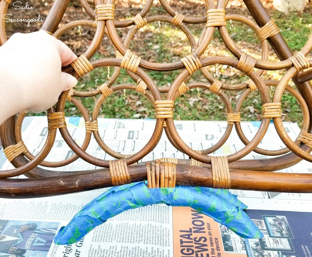 Taping off the base of a rattan wine rack