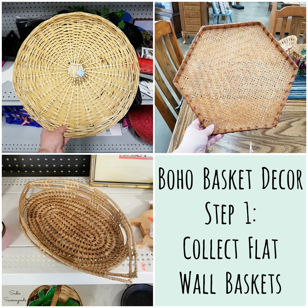 Flat wall baskets from the thrift store for upcycling into basket wall decor with Bohemian design