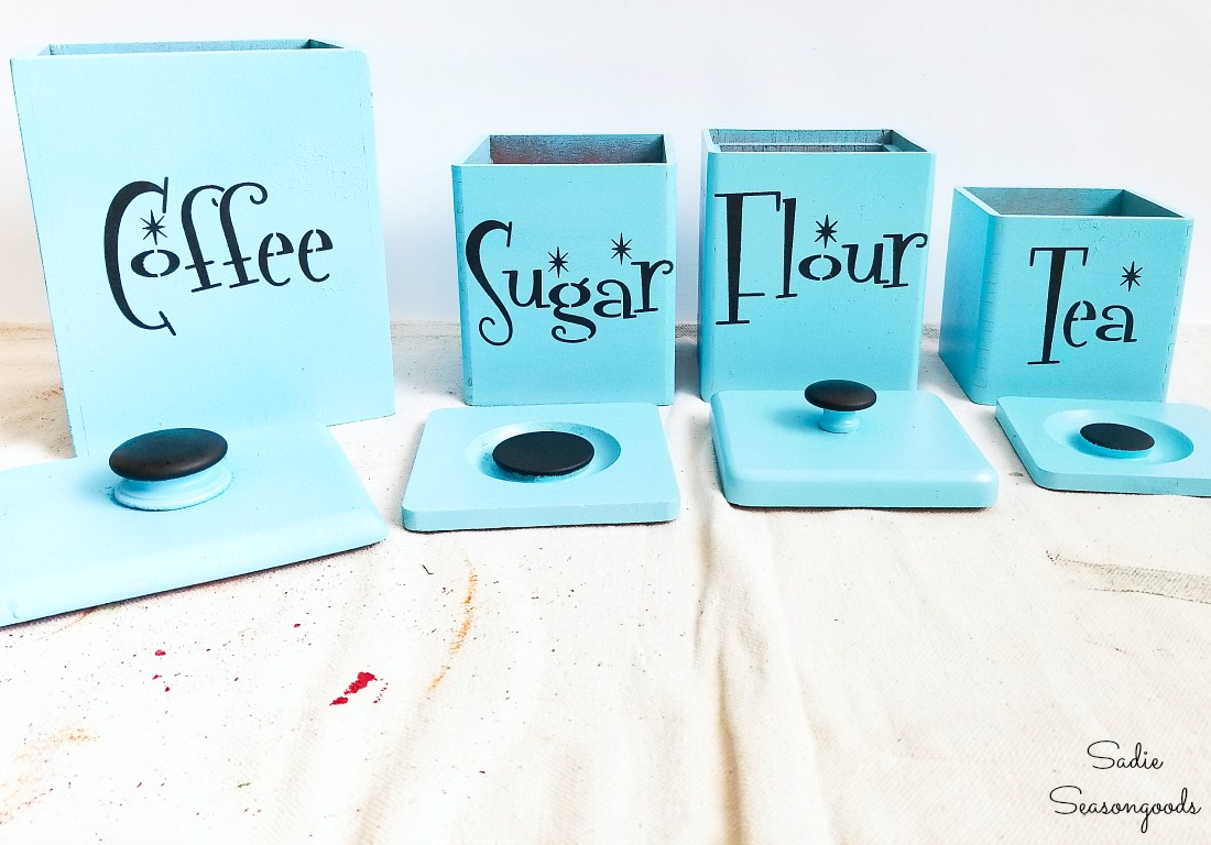 Mid century modern font on retro canisters and aqua kitchen decor