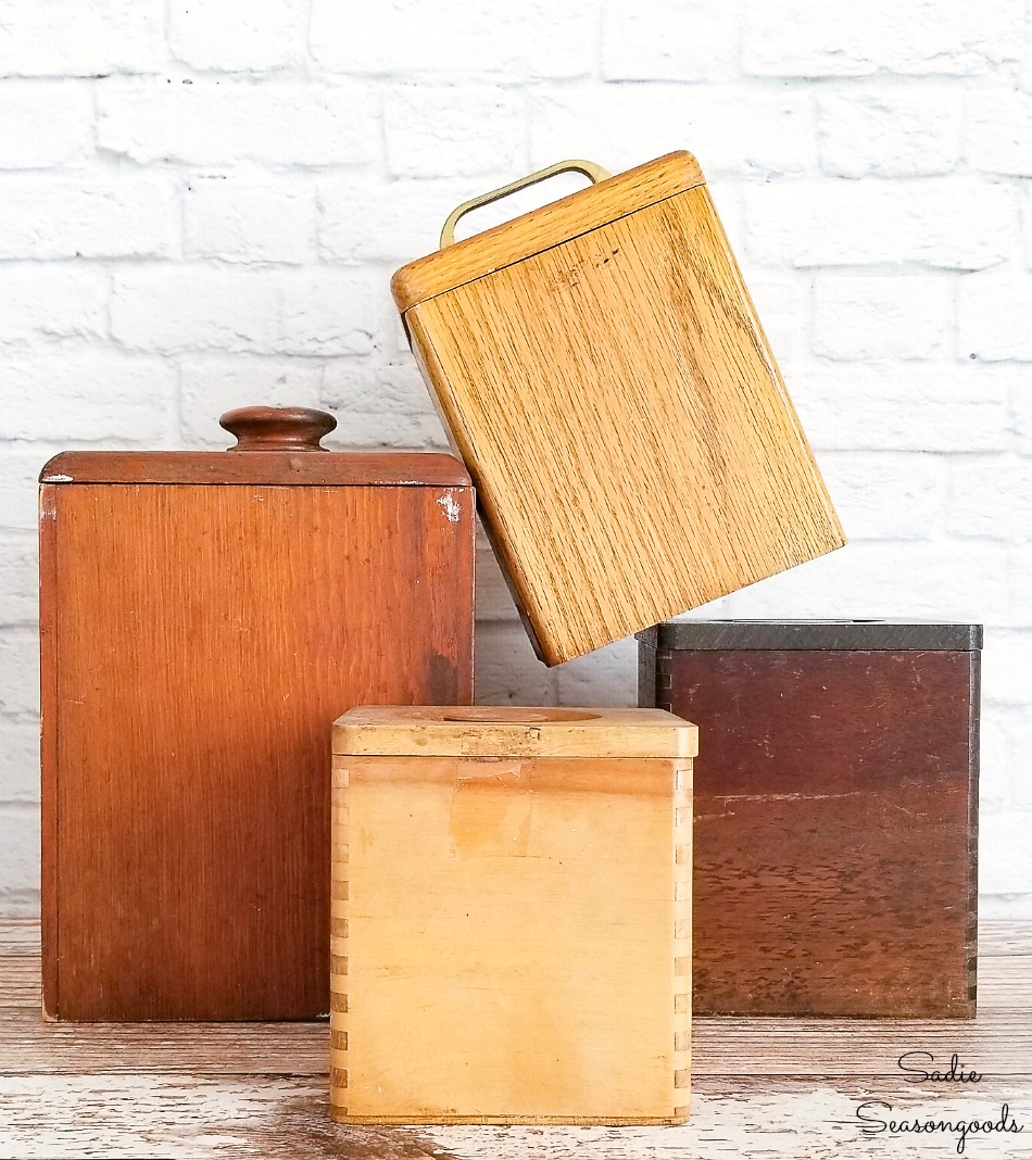 Upcycling the wooden canisters into tea and coffee canisters for a retro kitchen