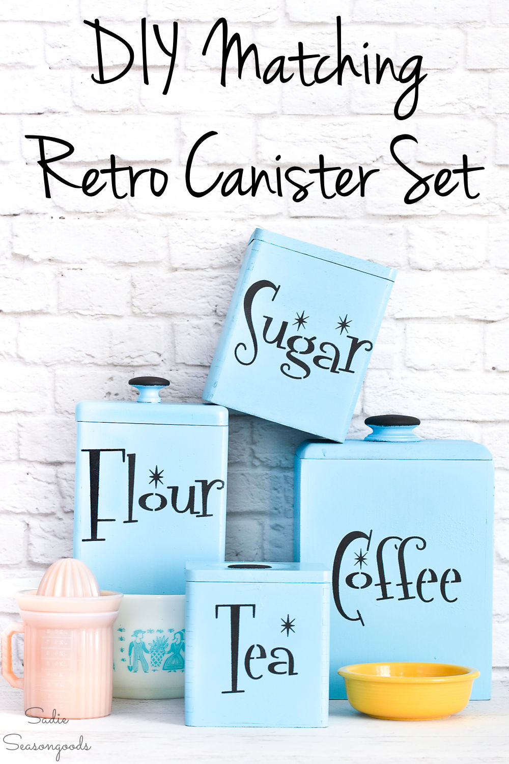 Mid century modern stencils on wooden canisters