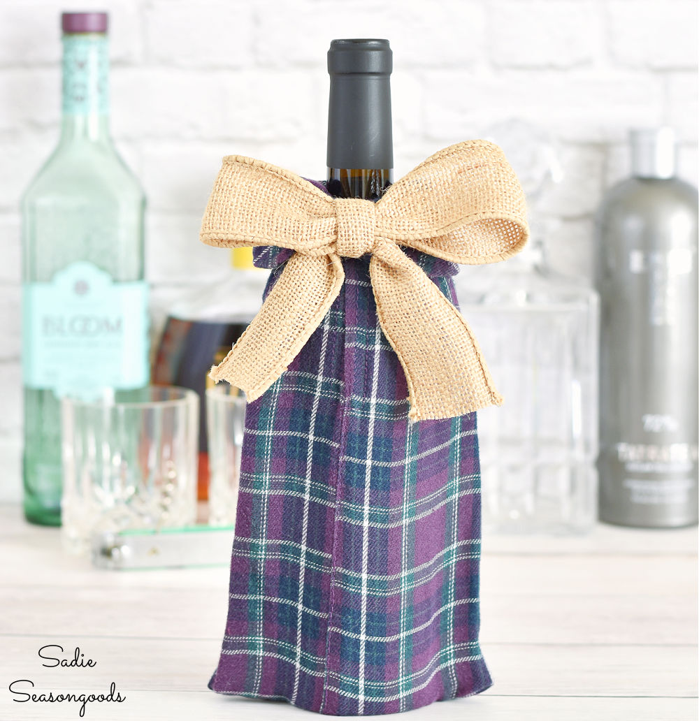 wine bottle gift bag from a flannel shirt