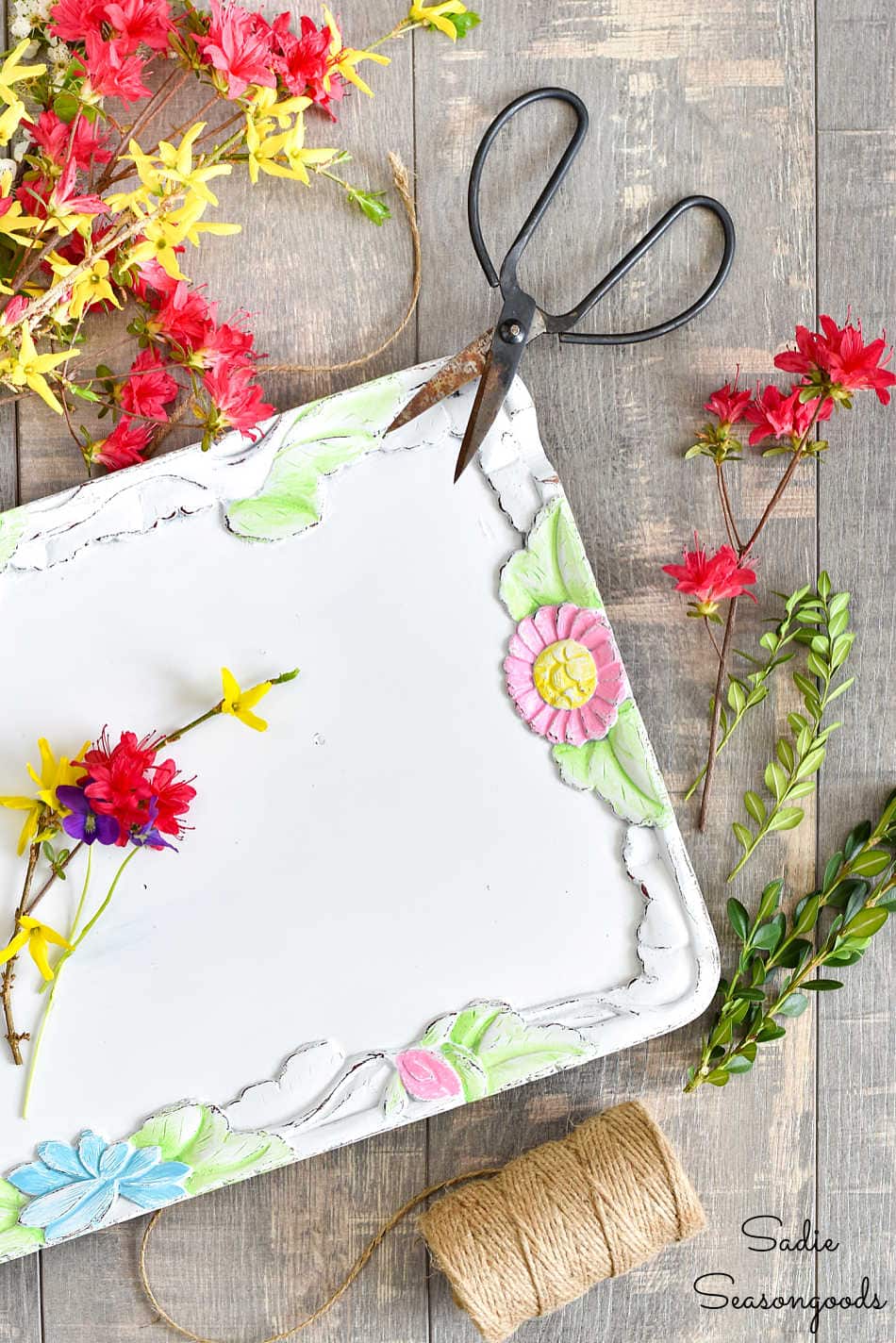 rectangular wooden tray as spring decor