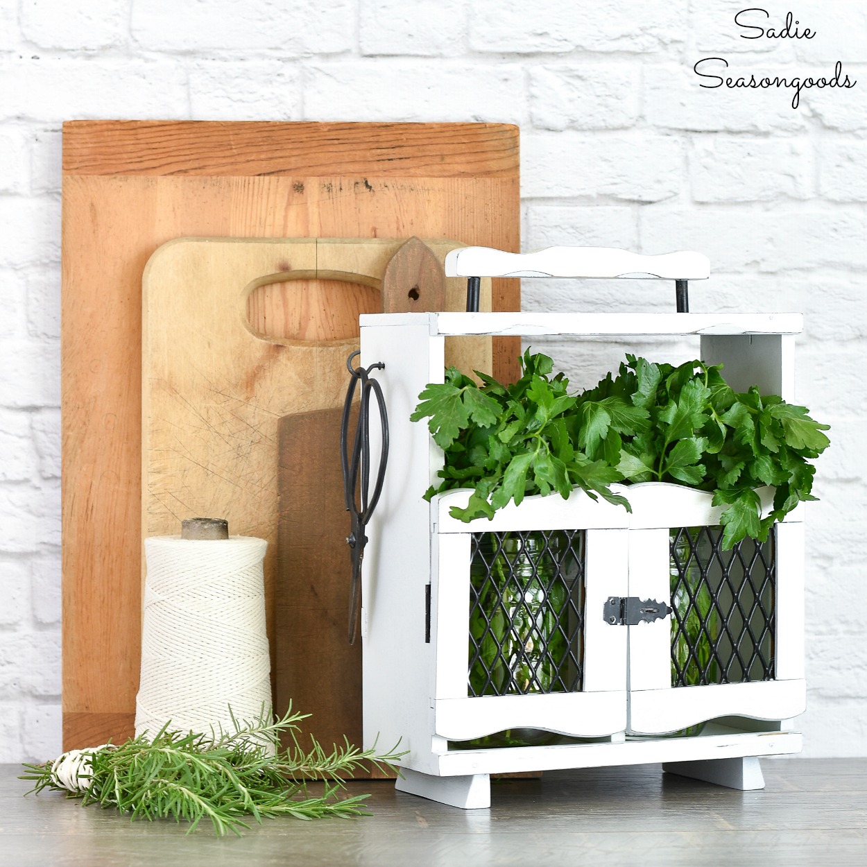 Upcycling a decanter tantalus as a wooden caddy for fresh herbs and herb saver