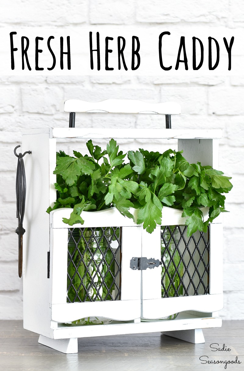 Upcycling a wooden caddy as an herb holder or storage for cut herbs