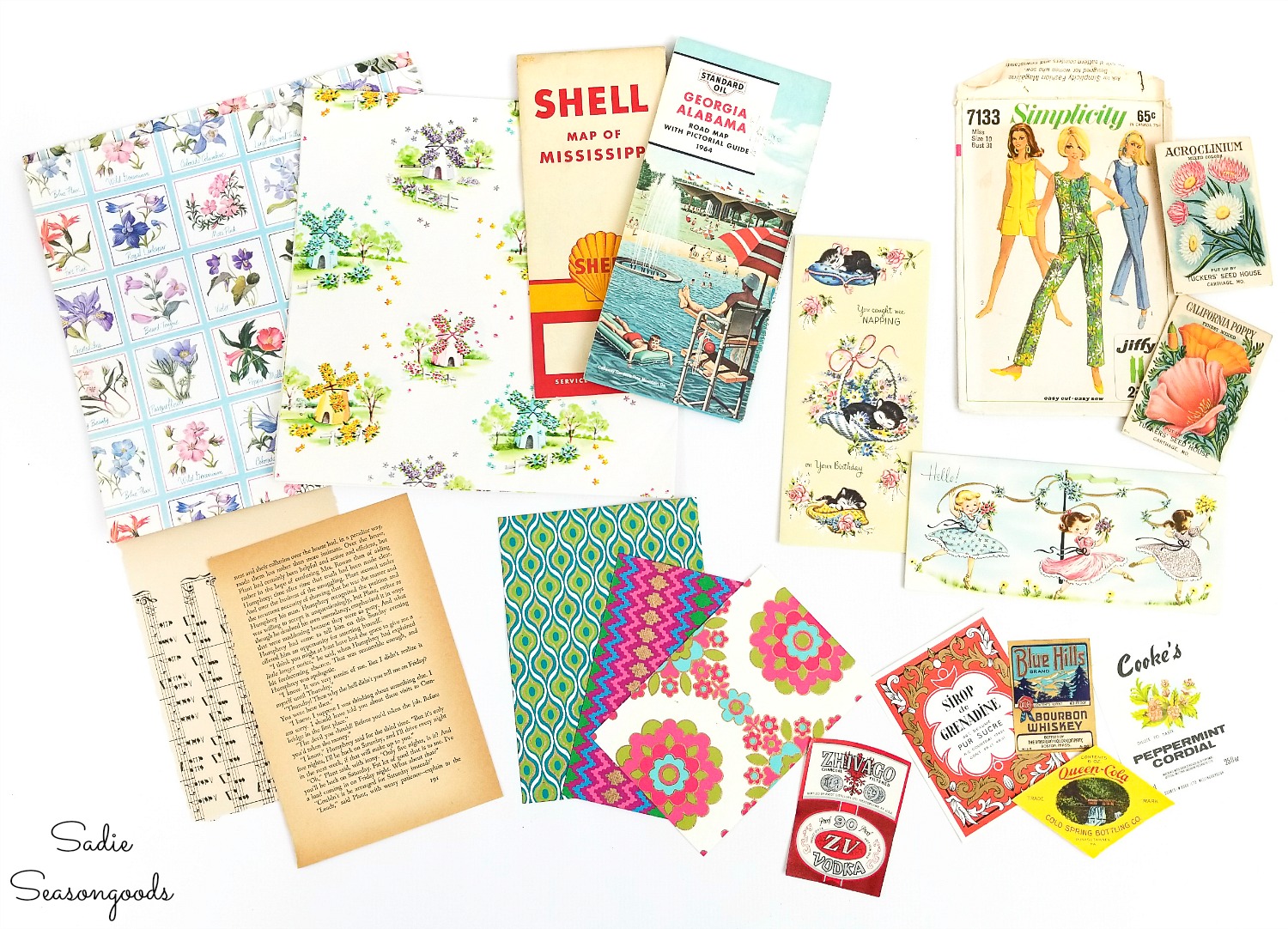 Paper ephemera and scrapbooking supplies to make the handmade greeting cards