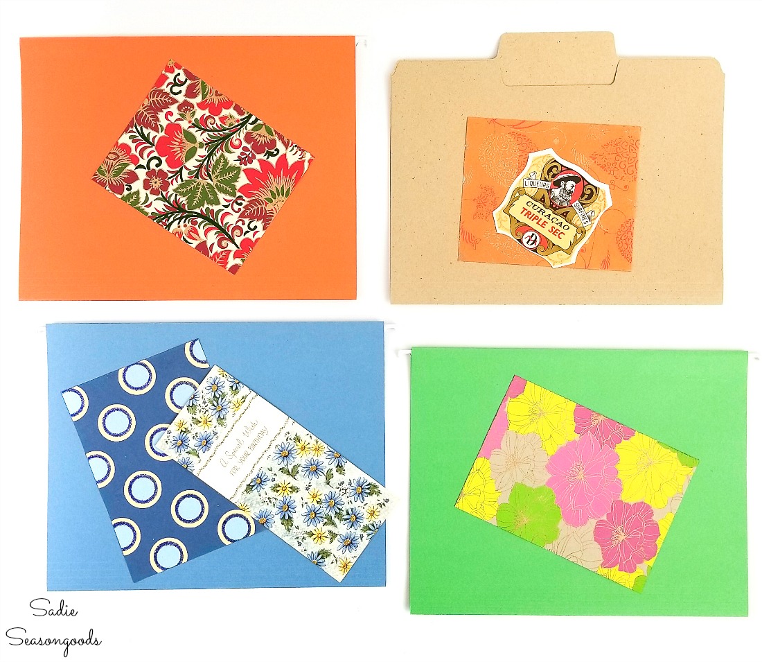 Upcycling the colored file folders into blank greeting cards