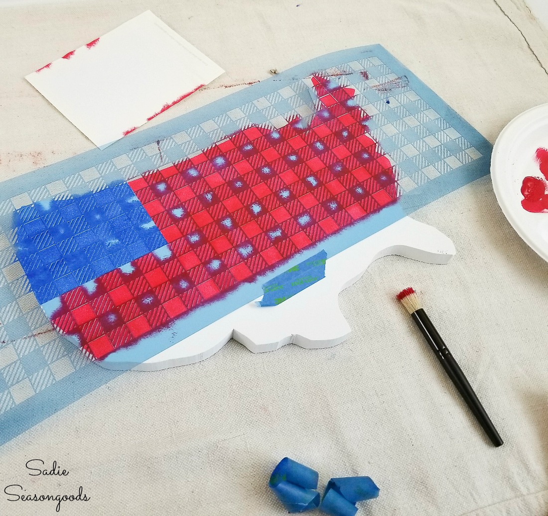 Designing the American flag decor with a Buffalo check stencil