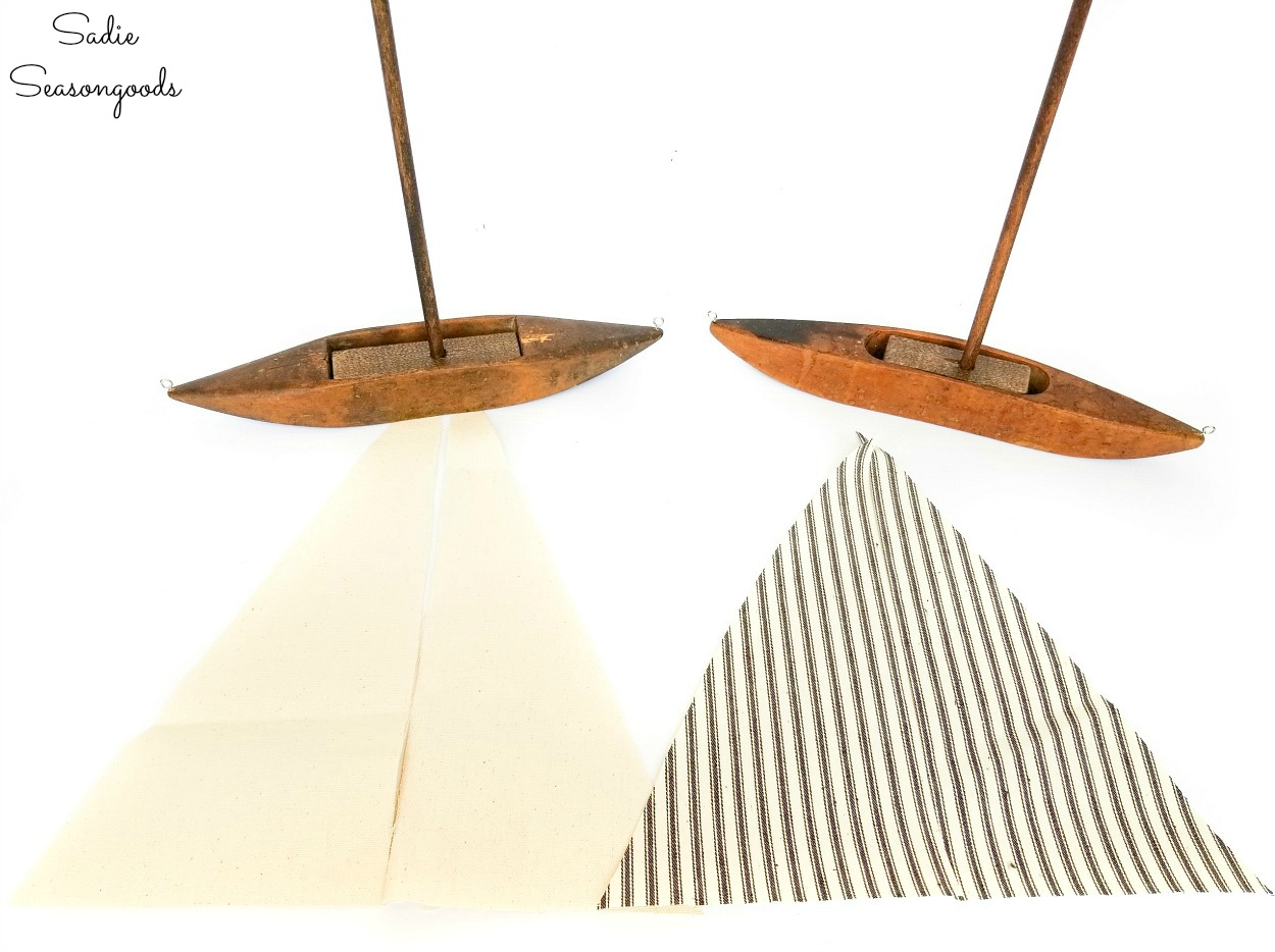 Sails for decorative sailboats with duck cloth and ticking fabric