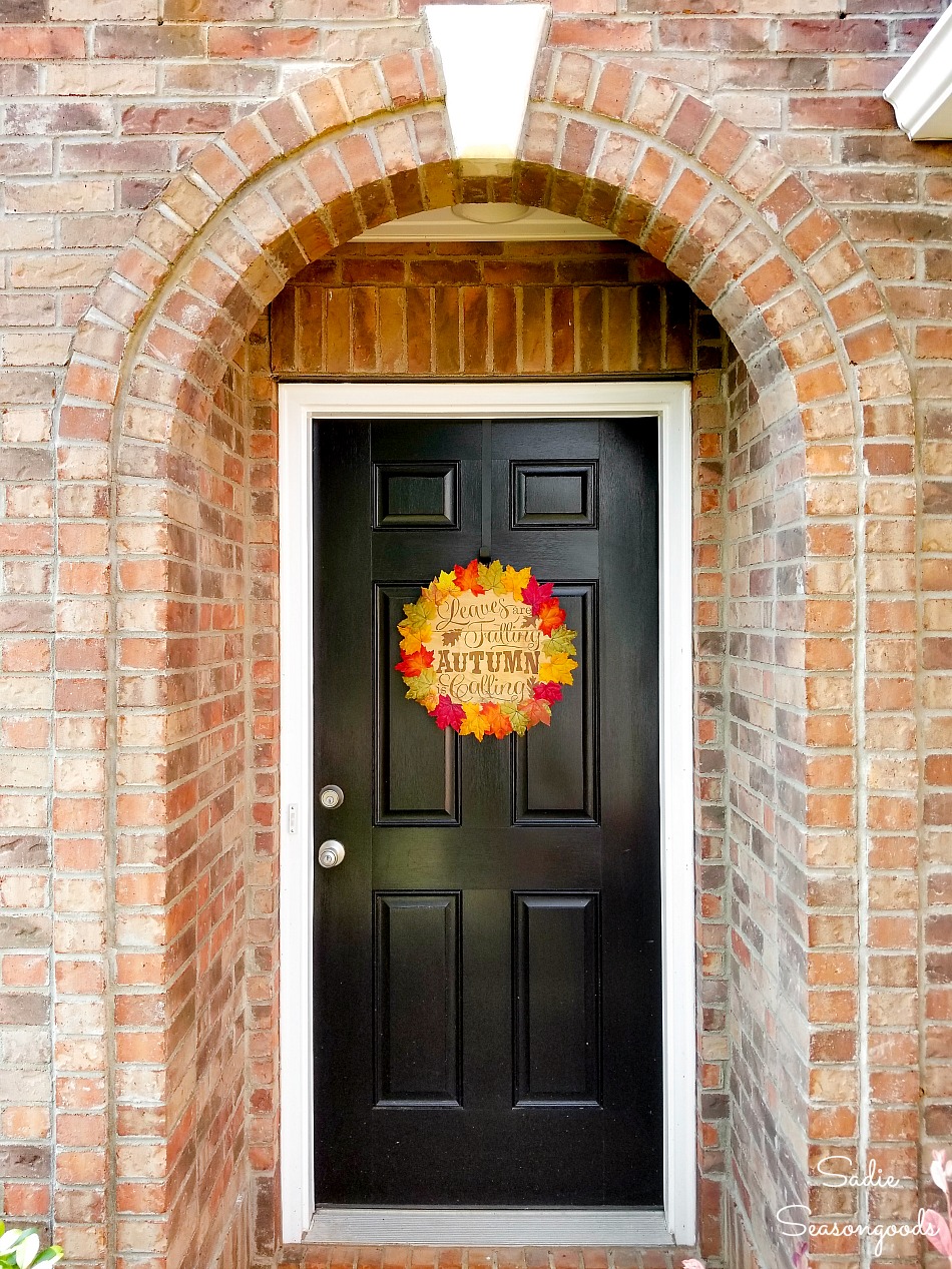 Wood cheese box lid as a fall door wreath