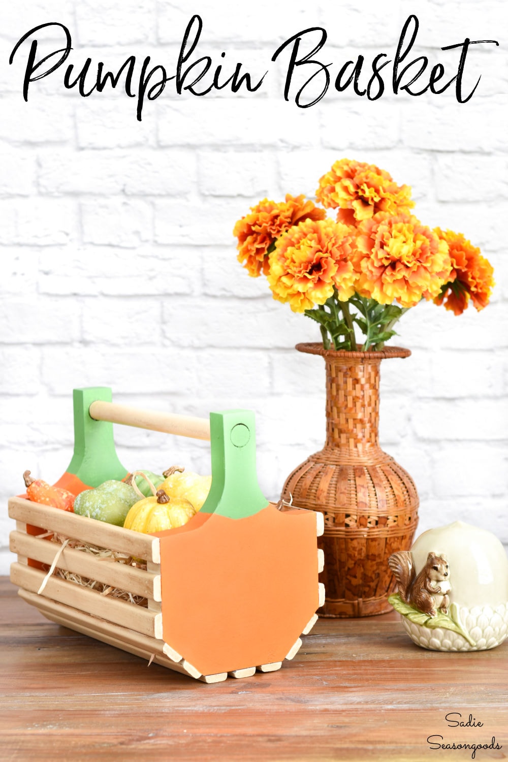 fall decor from a small wooden basket