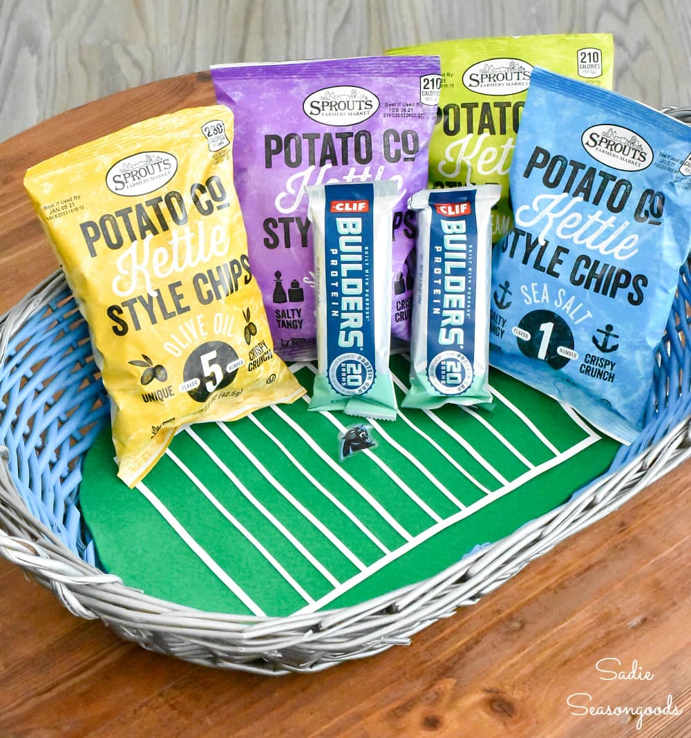 Football party decor with a snack basket