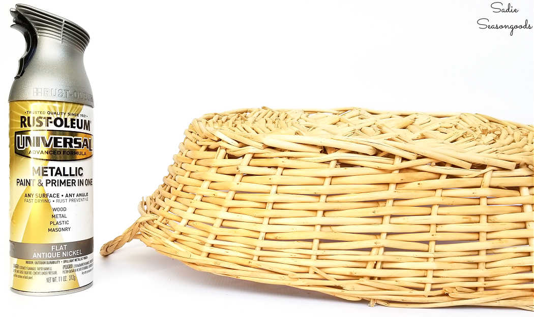 spray painting a large basket from the thrift store