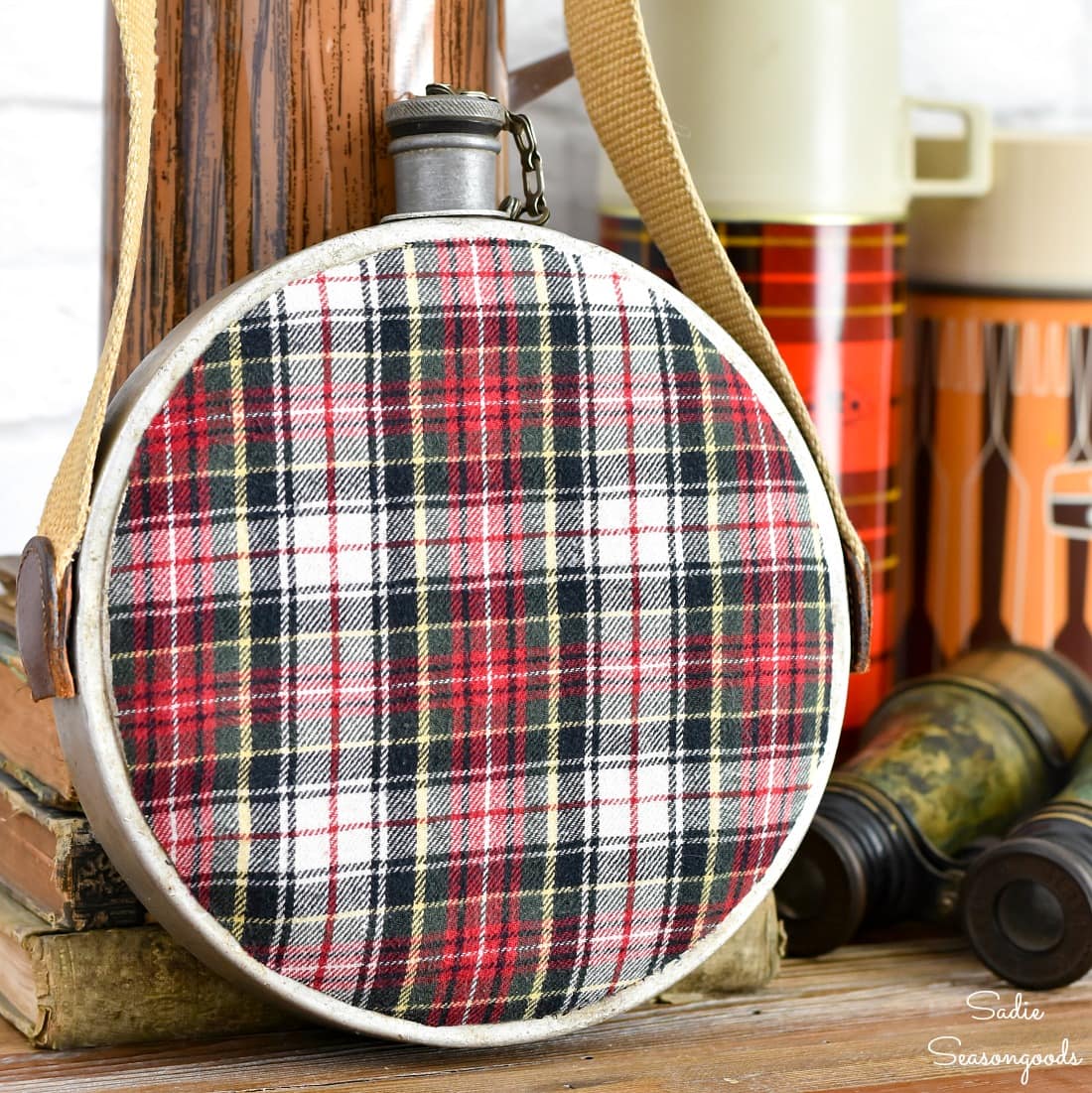 Upcycling a metal canteen into plaid decor